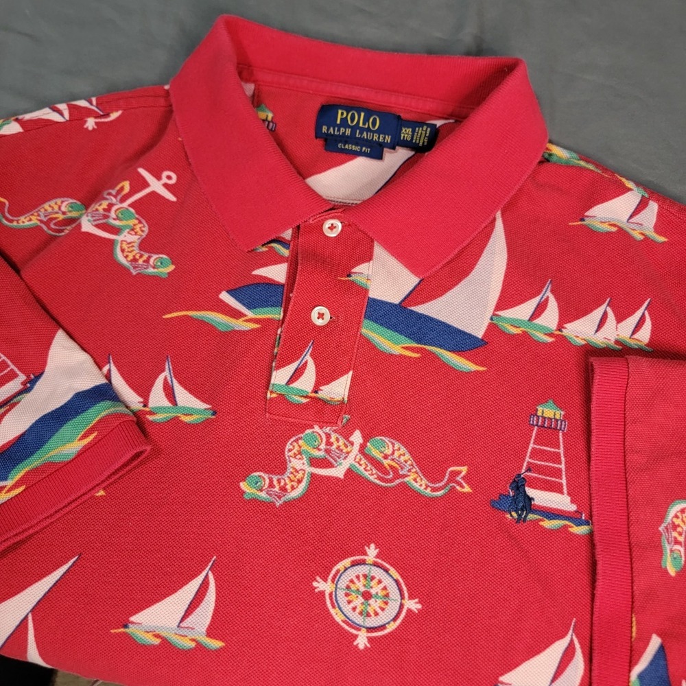 Polo Ralph Lauren AOP Shirt Men's 2XL Red Nautical Sailboat Yacht Rock Sailor